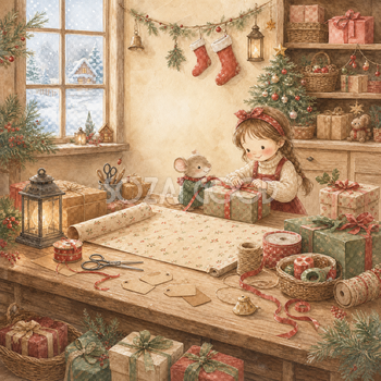 クリスマスプレゼントを包む部屋の背景イラスト｜無料素材95663
