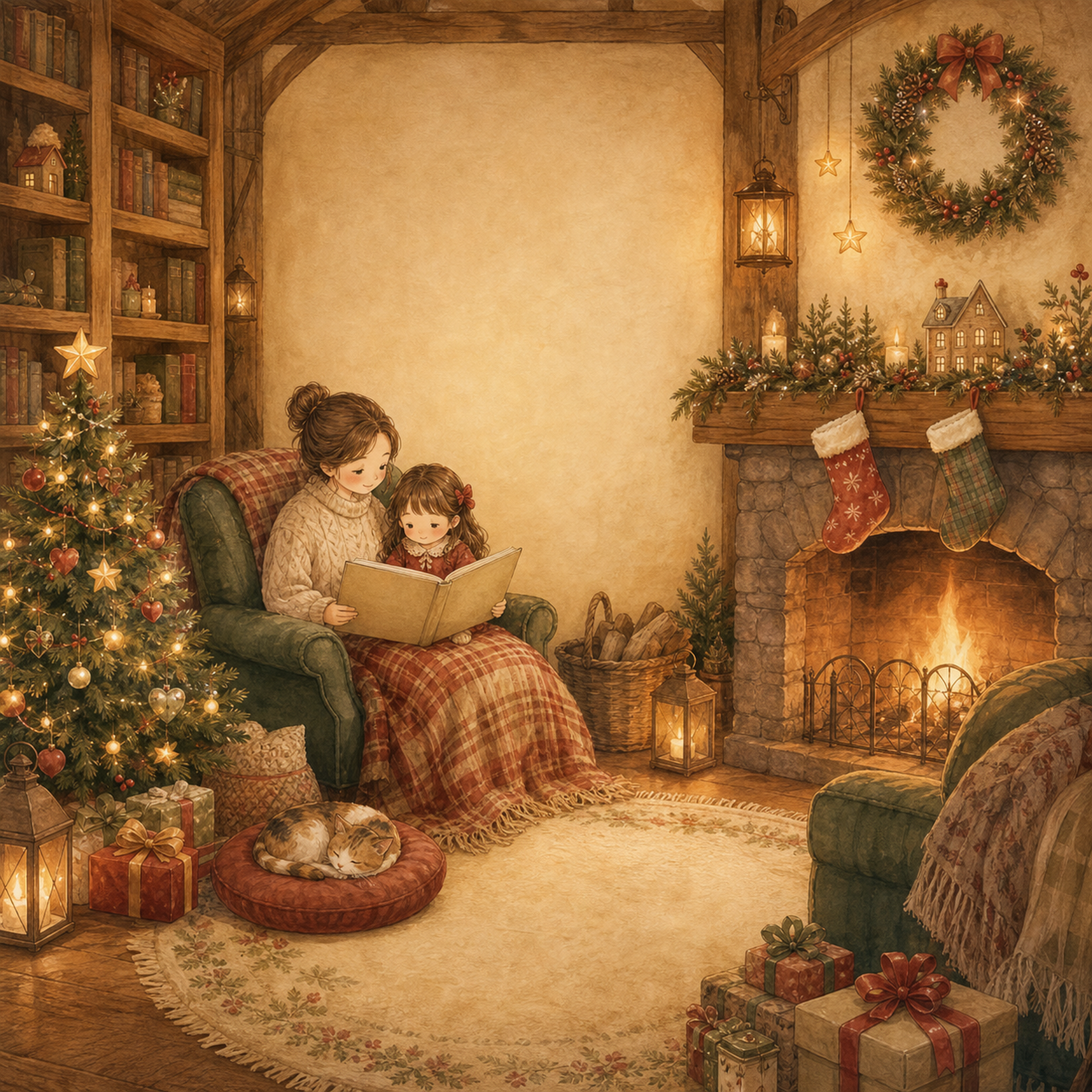 暖炉の前で本を読むクリスマス背景イラスト｜無料素材95664に写真・文字を入れる