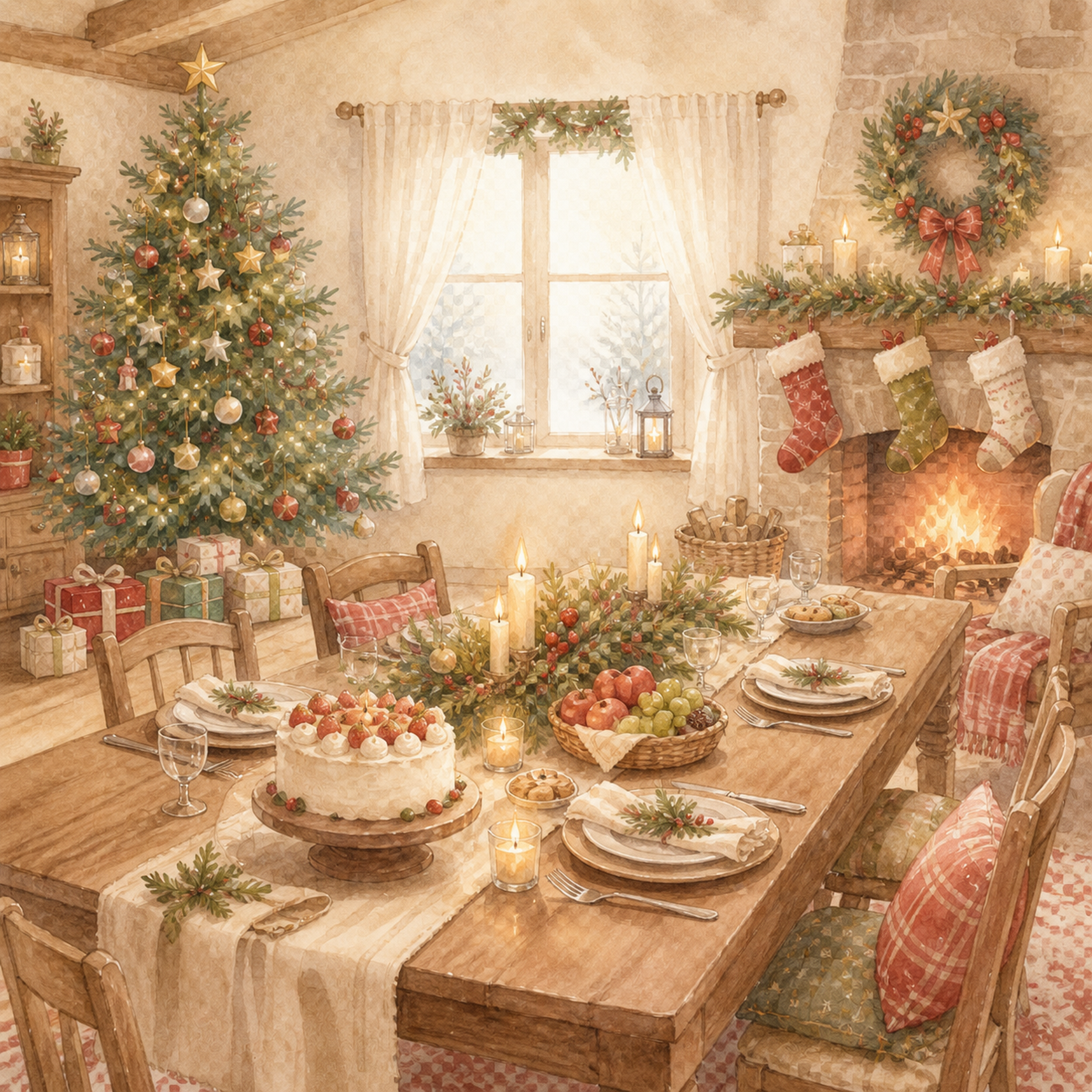 ごちそうが並ぶクリスマスの食卓背景イラスト｜無料素材95665に写真・文字を入れる
