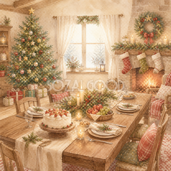 ごちそうが並ぶクリスマスの食卓背景イラスト｜無料素材95665