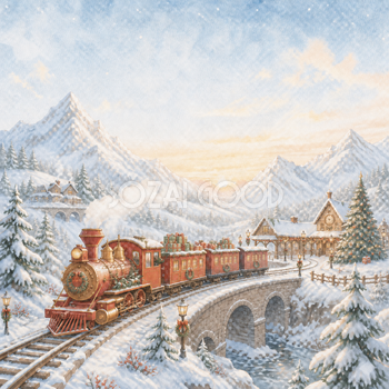 雪山を走る赤いクリスマス列車の背景イラスト｜無料素材95666