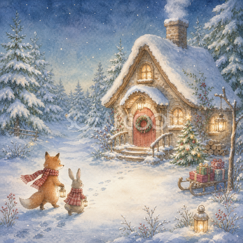 森の動物と雪のクリスマスコテージ背景イラスト｜無料素材95667