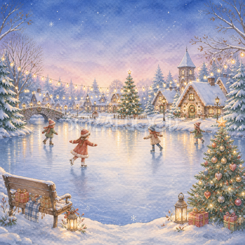 子どもたちが滑るクリスマスのスケート池背景イラスト｜無料素材95668