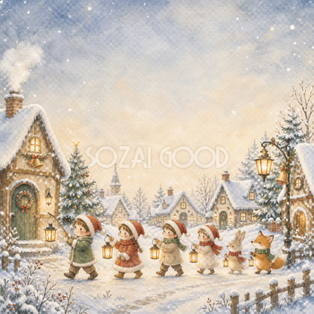 ランタンを持つ子どもたちのクリスマス背景イラスト｜無料素材95669