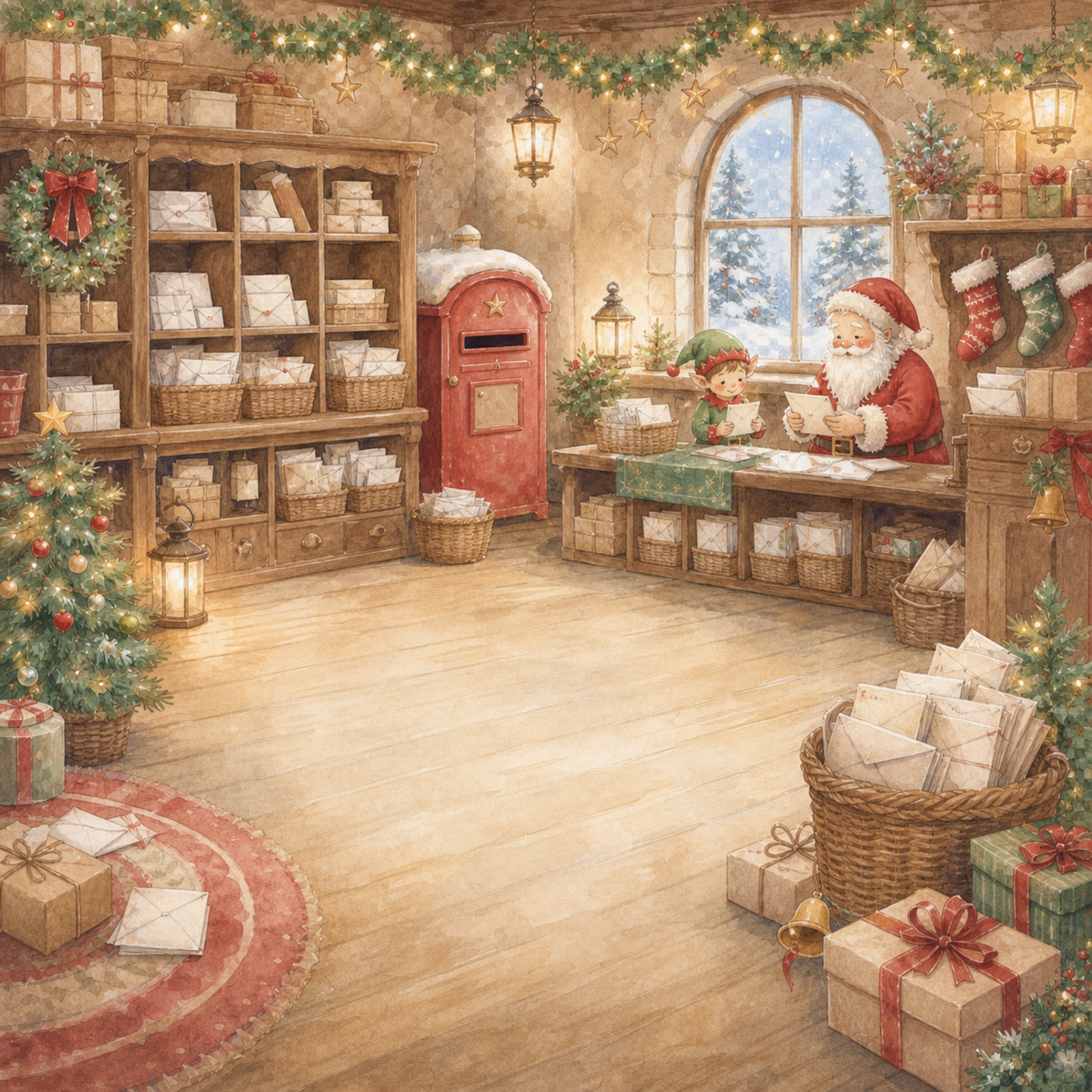 サンタのクリスマス郵便室の背景イラスト｜無料素材95670に写真・文字を入れる