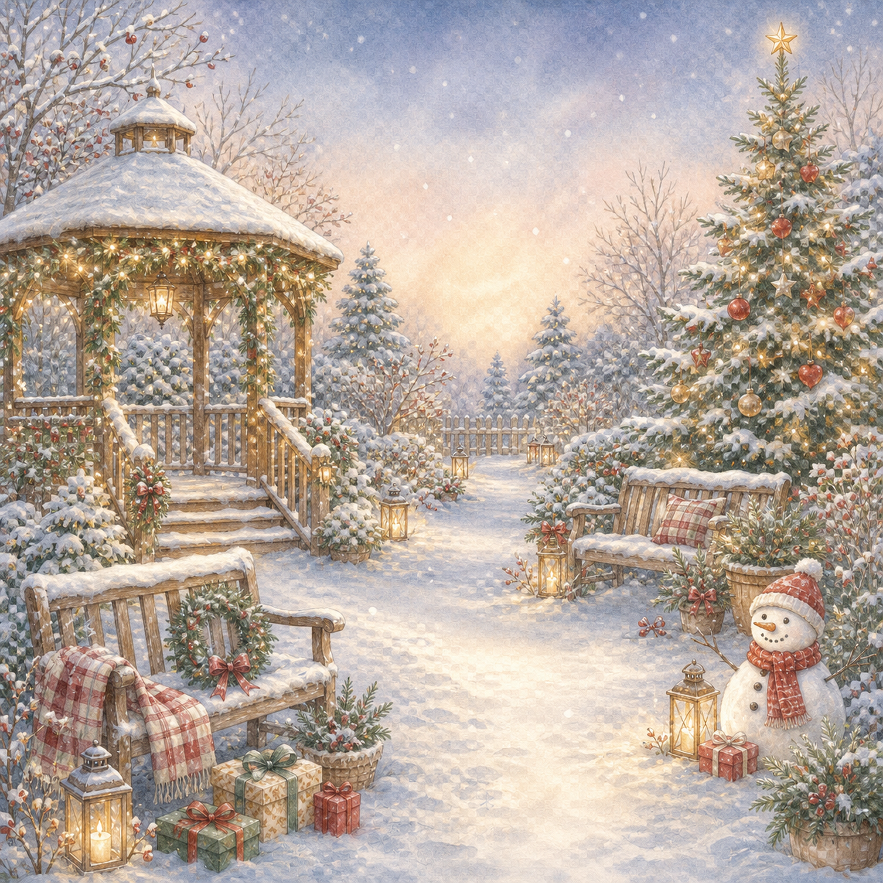 雪のクリスマス庭園とあずまやの背景イラスト｜無料素材95671に写真・文字を入れる