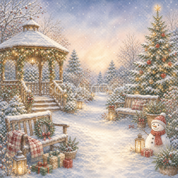 雪のクリスマス庭園とあずまやの背景イラスト｜無料素材95671