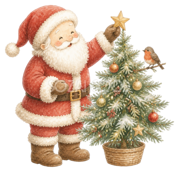 クリスマスツリーを飾るサンタクロース｜無料イラスト素材95677
