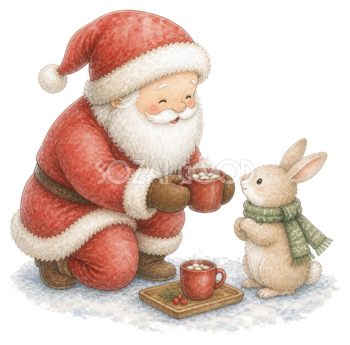 うさぎにココアを渡すサンタクロース｜クリスマス無料イラスト素材95678