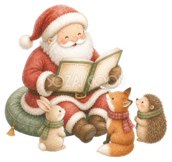 森の動物に絵本を読むサンタクロース｜クリスマス無料イラスト素材95679