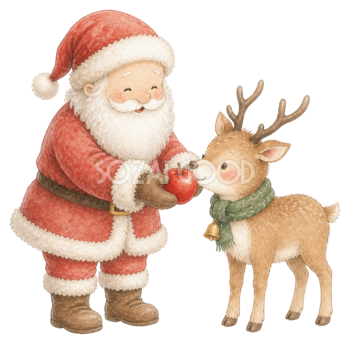 トナカイにりんごをあげるサンタクロース｜クリスマス無料イラスト素材95680