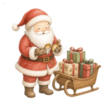 懐中時計を見るサンタクロースとそり｜クリスマス無料イラスト素材95681