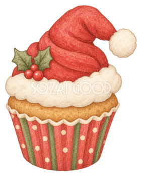 サンタ帽子のカップケーキイラスト｜かわいいクリスマス無料素材95698