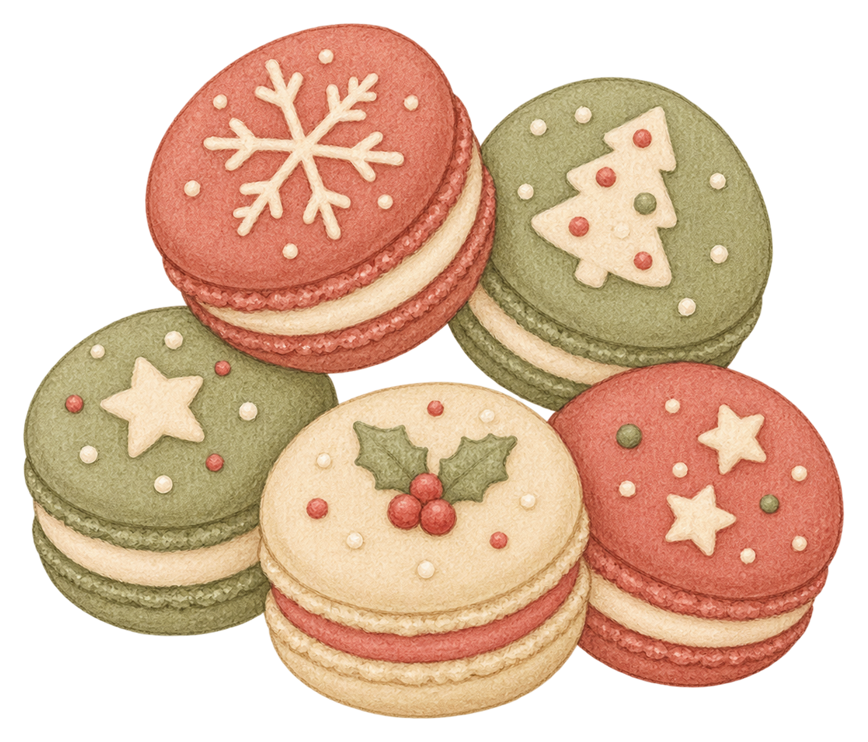 クリスマスマカロン5個のイラスト｜水彩絵本タッチの無料素材95702に写真・文字を入れる