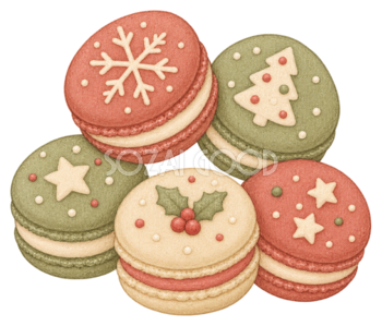 クリスマスマカロン5個のイラスト｜水彩絵本タッチの無料素材95702
