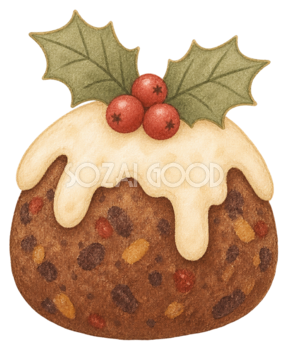クリスマスプディングのイラスト｜ヒイラギ飾りの無料素材95707