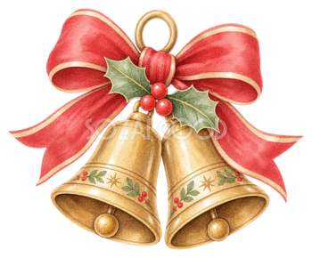 赤いリボンで結んだ金色のクリスマスベルイラスト｜無料素材95727