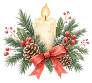 ヒイラギと松ぼっくりのクリスマスキャンドルイラスト｜無料素材95731