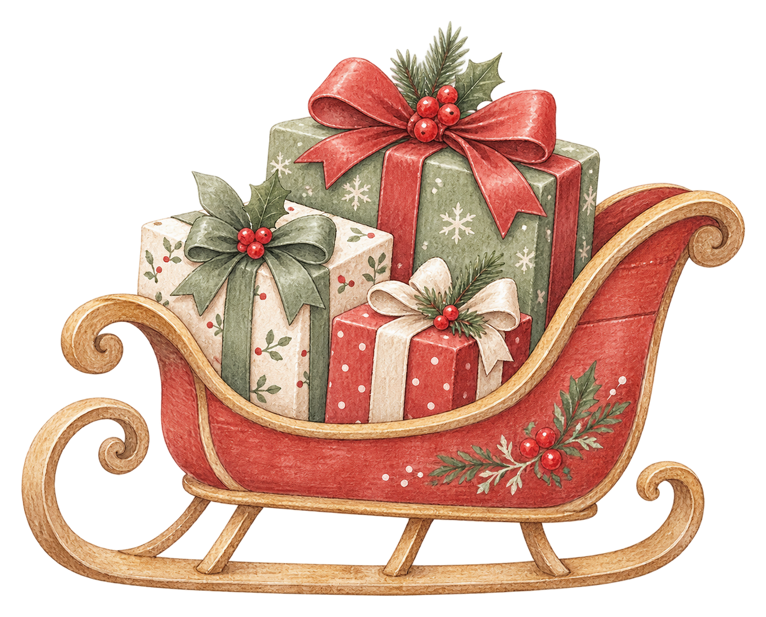 プレゼントを載せた赤いクリスマスそりイラスト｜無料素材95733に写真・文字を入れる