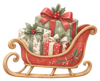 プレゼントを載せた赤いクリスマスそりイラスト｜無料素材95733