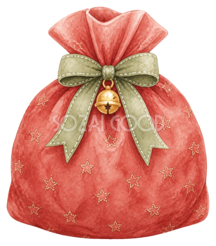 ベル付きリボンの赤いクリスマス袋イラスト｜無料素材95736