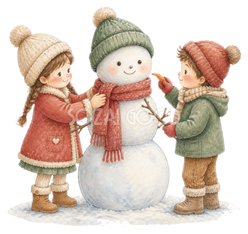 雪だるまを作る子どもたち｜クリスマス無料イラスト素材95750
