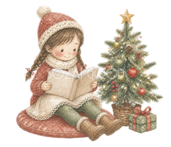 クリスマス絵本を読む女の子｜無料イラスト素材95753