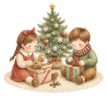 クリスマスプレゼントを開ける子どもたち｜無料イラスト素材95754