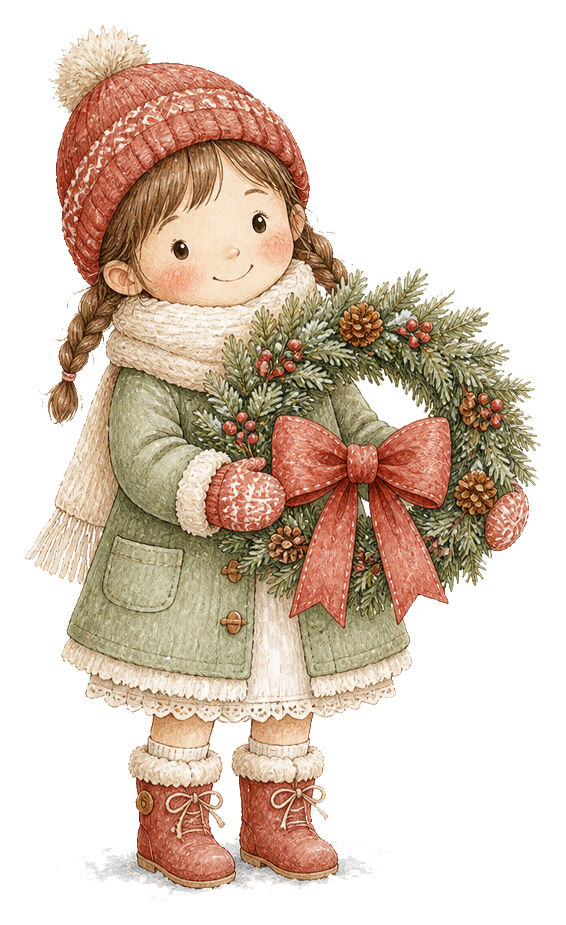 クリスマスリースを持つ女の子｜絵本タッチの無料イラスト素材95755に写真・文字を入れる