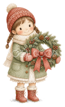 クリスマスリースを持つ女の子｜絵本タッチの無料イラスト素材95755