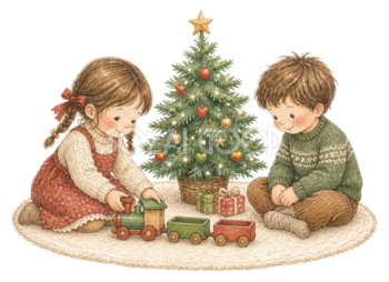 おもちゃの汽車で遊ぶ子どもたち｜クリスマス無料イラスト素材95757