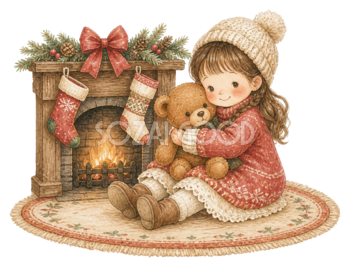 くまのぬいぐるみを抱く女の子｜クリスマス無料イラスト素材95759
