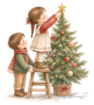 クリスマスツリーのてっぺんに星を飾る子どもたち｜無料イラスト素材95761