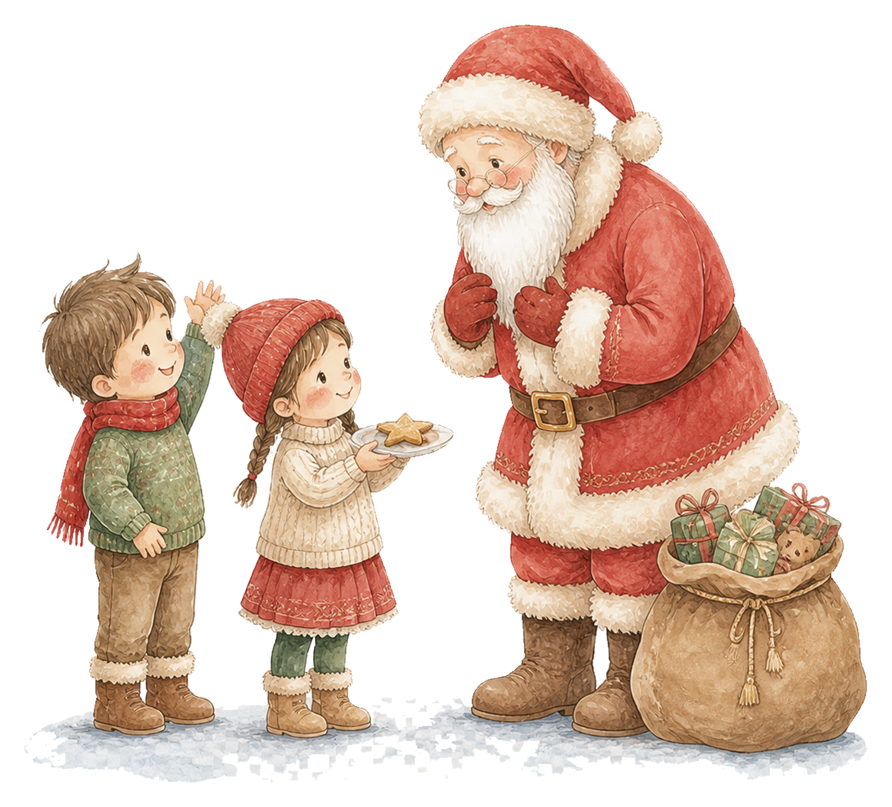 サンタクロースに挨拶する子どもたち｜クリスマス無料イラスト素材95762に写真・文字を入れる