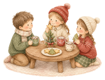 クッキーとココアを楽しむ子どもたち｜クリスマス無料イラスト素材95763