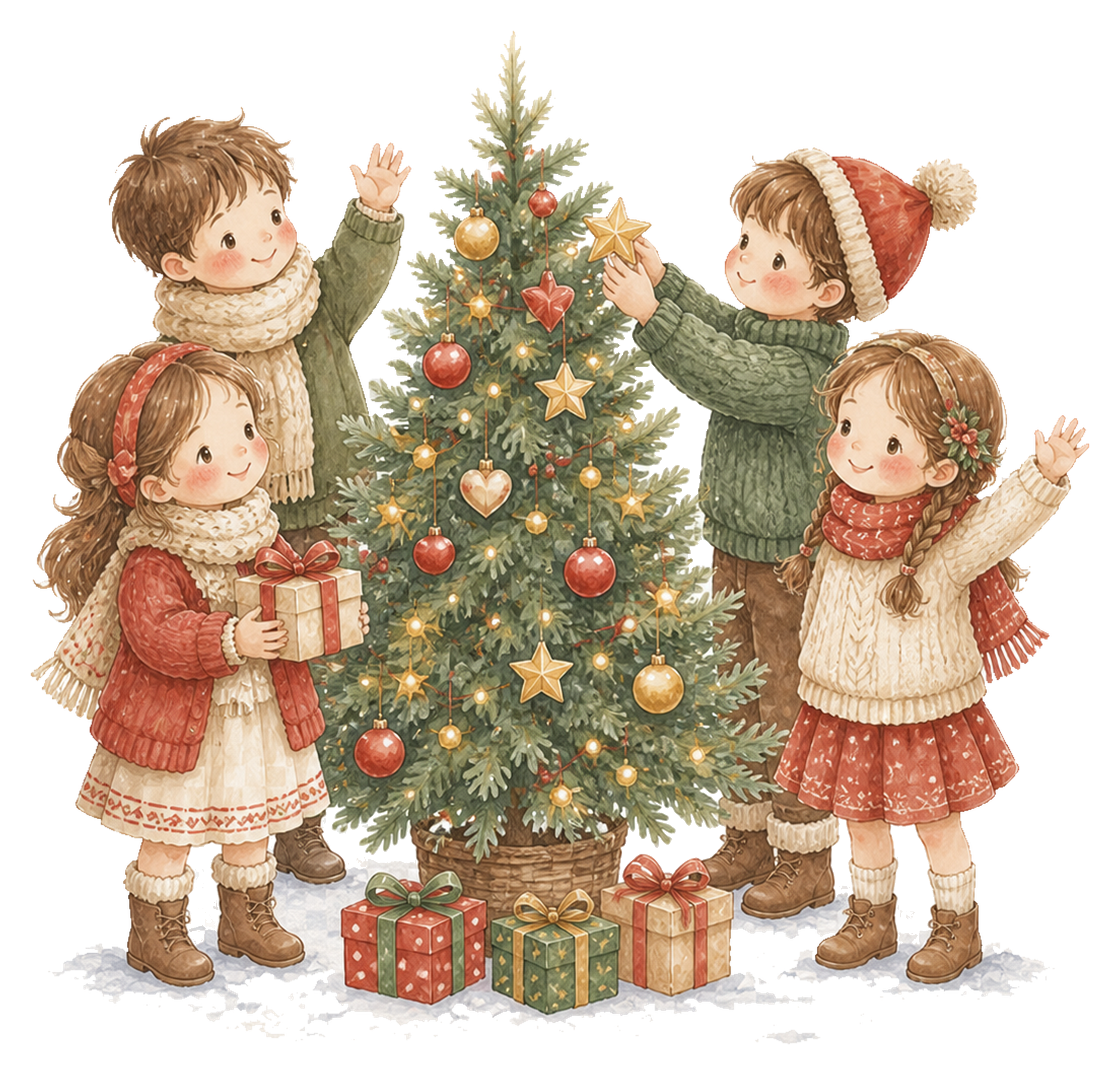クリスマスツリーを囲む子どもたち｜無料イラスト素材95764に写真・文字を入れる