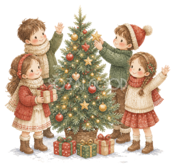 クリスマスツリーを囲む子どもたち｜無料イラスト素材95764