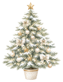 雪化粧した白と金のクリスマスツリーイラスト｜無料素材95768