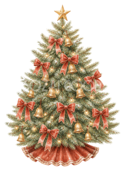 ベルと赤いリボンのクリスマスツリーイラスト｜無料素材95770