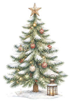 雪とランタンのクリスマスツリーイラスト｜無料素材95779