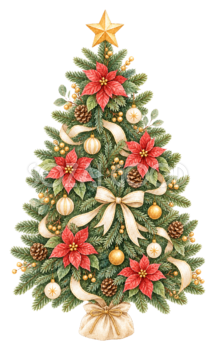 赤いポインセチアのクリスマスツリーイラスト｜無料素材95780