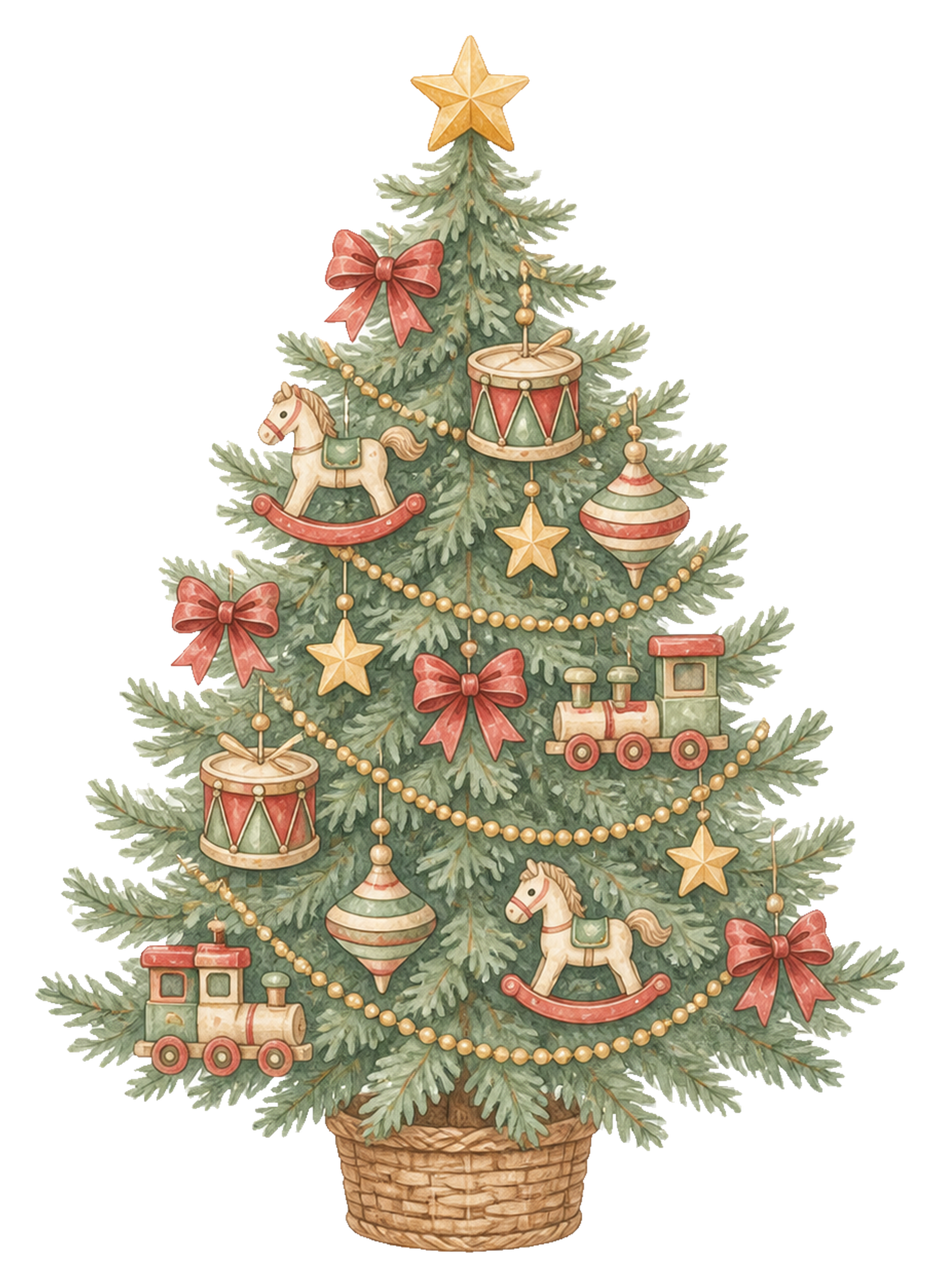 木のおもちゃを飾ったクリスマスツリーイラスト｜無料素材95783に写真・文字を入れる