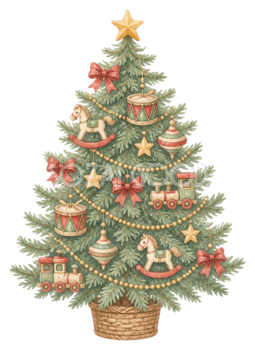 木のおもちゃを飾ったクリスマスツリーイラスト｜無料素材95783
