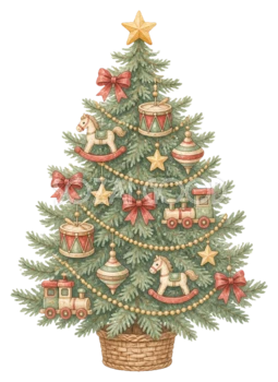木のおもちゃを飾ったクリスマスツリー