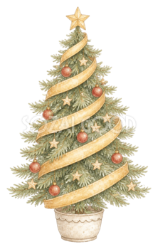 金色リボンを巻いたクリスマスツリーイラスト｜無料素材95784