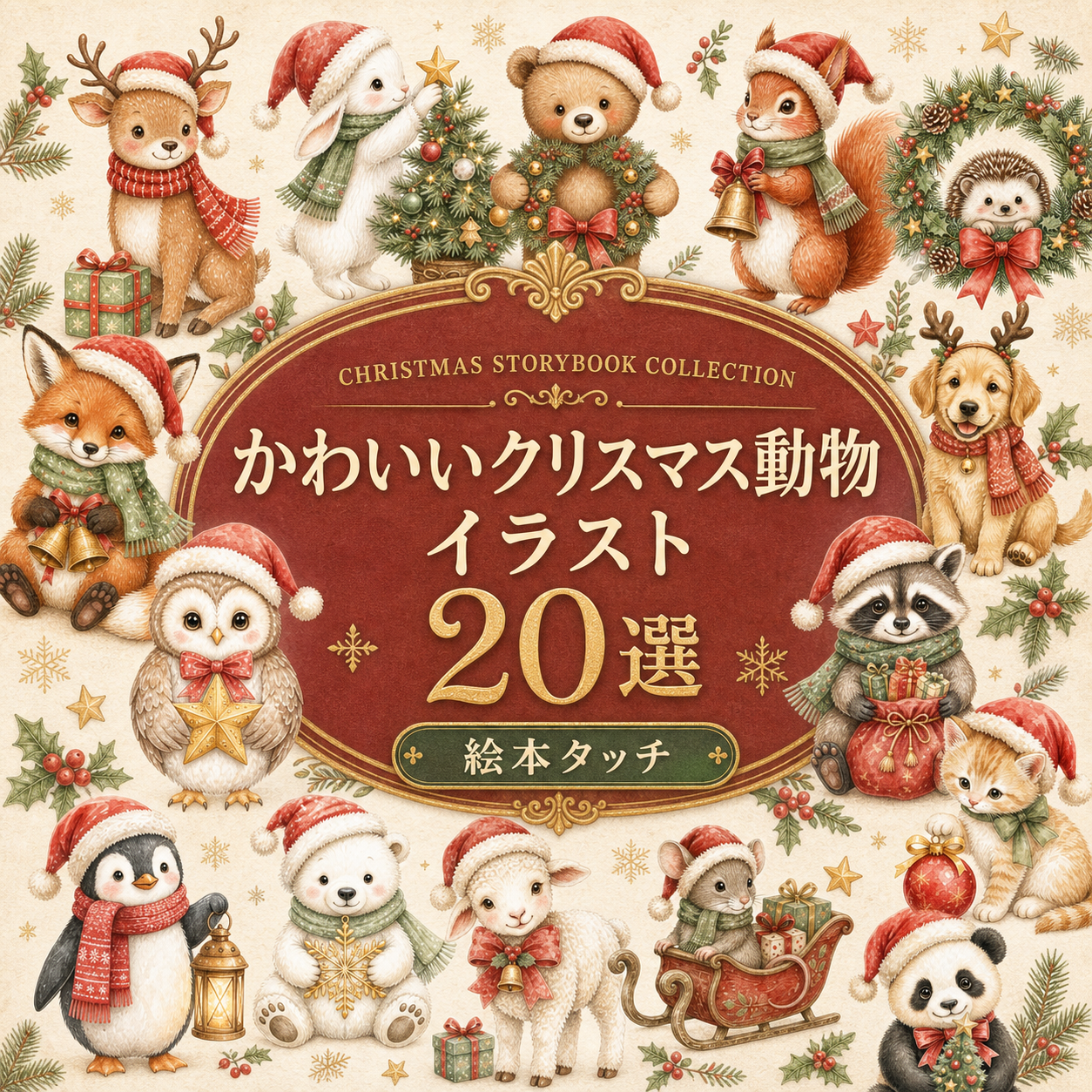 クリスマス動物イラスト20選｜かわいい水彩絵本タッチの無料素材95786に写真・文字を入れる