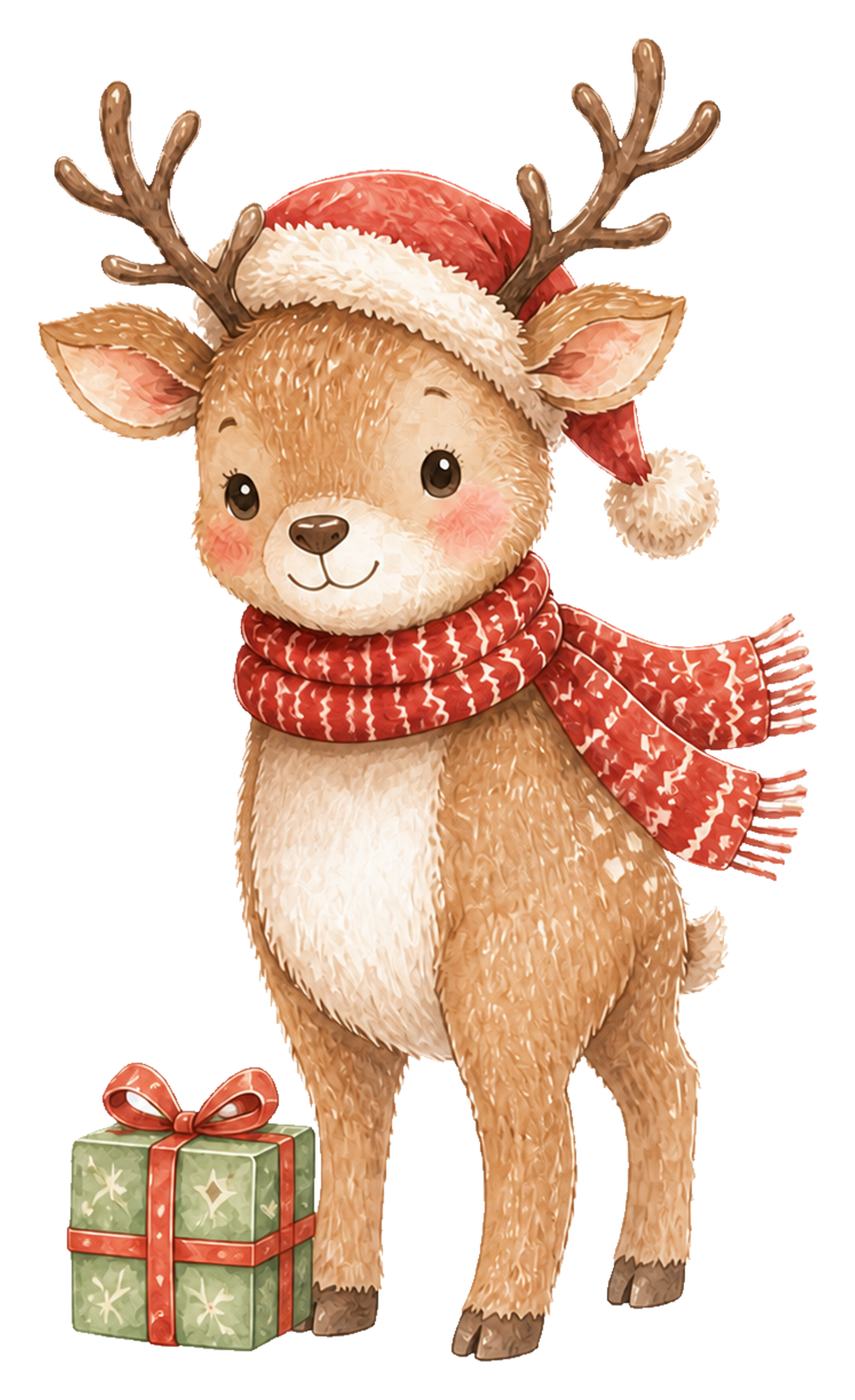 プレゼントを添えた子トナカイのクリスマスイラスト｜無料素材95787に写真・文字を入れる