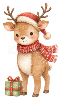 プレゼントを添えた子トナカイのクリスマスイラスト｜無料素材95787