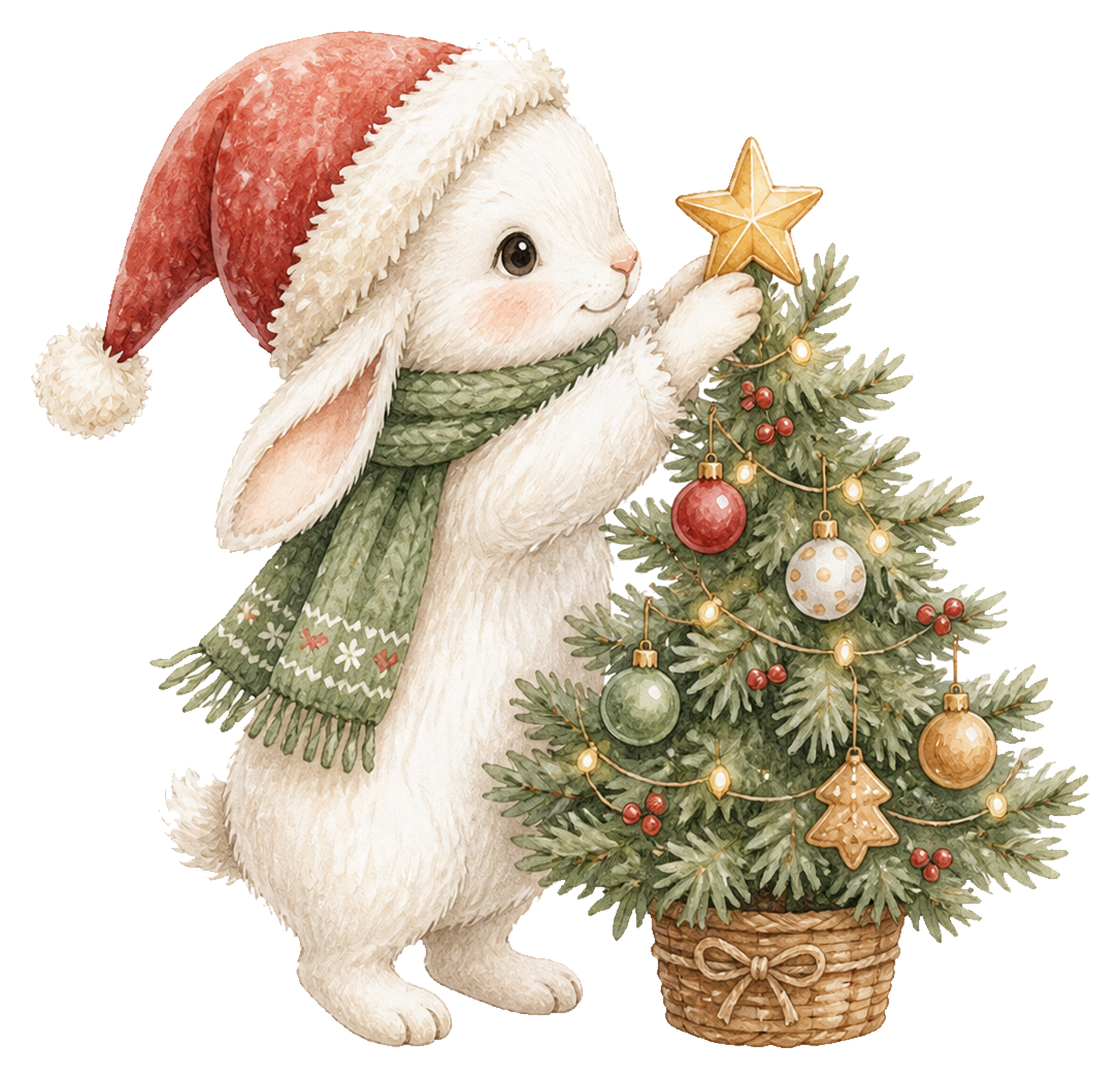クリスマスツリーを飾る白うさぎのイラスト｜無料素材95788に写真・文字を入れる