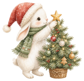 クリスマスツリーを飾る白うさぎのイラスト｜無料素材95788